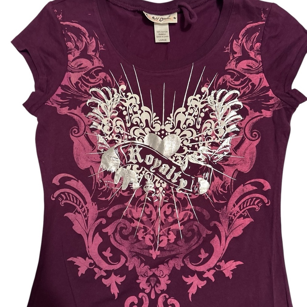 SELF ESTEEM Royalty Tee Shirt Top Womens Large Purple & Silver Slim Fit Blouse - Picture 12 of 14